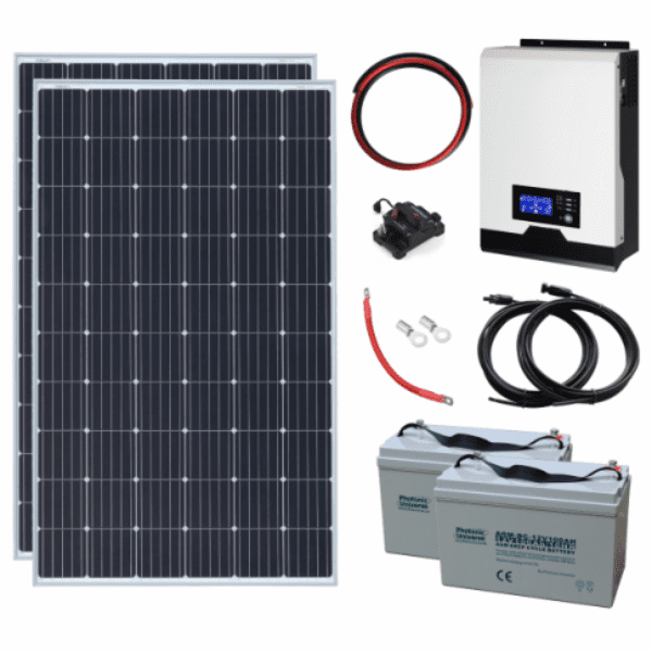 600W 24V Complete Off-Grid Solar Power System With 2 X 300W Solar Panels, 2Kw Hybrid Inverter And 2 X 100Ah Batteries