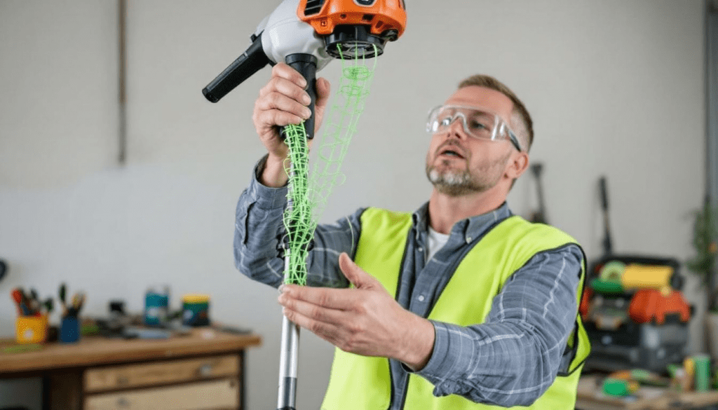 A person testing a grass trimmer after replacing the line.