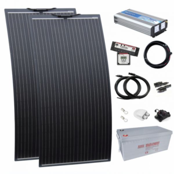 3kw complete dual battery van conversion kit with 2 x 160w black semi-flexible solar panels, 200ah 12v battery and 3000w 230v pure sine wave inverter VANDBKIT-3000