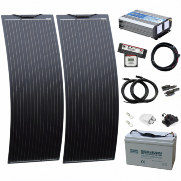 1kw complete dual battery van conversion kit with 2 x 130w black narrow semi-flexible solar panels, 100ah 12v battery and 1000w 230v pure sine wave inverter VANDBKIT-1000