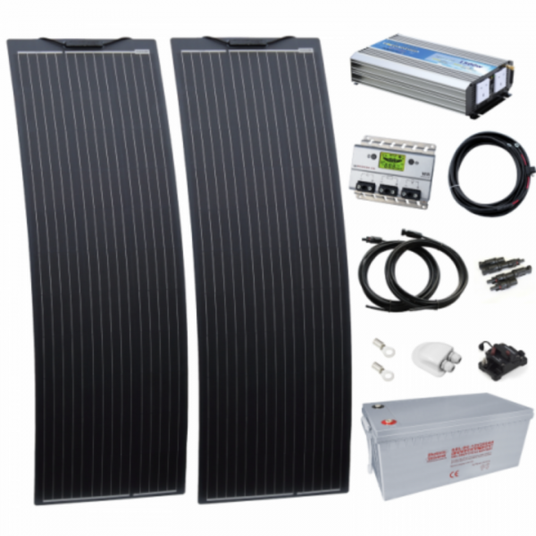 1.5kw complete van conversion kit with 2 x 150w black narrow semi-flexible solar panel, 200ah 12v battery and 1500w 230v pure sine wave inverter VANKIT-1500