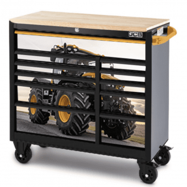 JCB 42’’ Roller Tool Cabinet, 11 Drawers, Steel With Hardwood Worktop And Fastrac Tractor Wrap | JCBFSTRCBB