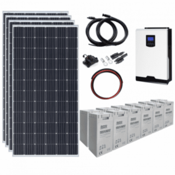 1.4Kw 24V Complete Off-Grid Solar Power System With 4 X 360W Solar Panels, 3Kw Hybrid Inverter And A 7.2Kwh Battery Bank