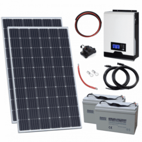 600W 24V Complete Off-Grid Solar Power System With 2 X 300W Solar Panels, 2Kw Hybrid Inverter And 2 X 100Ah Batteries