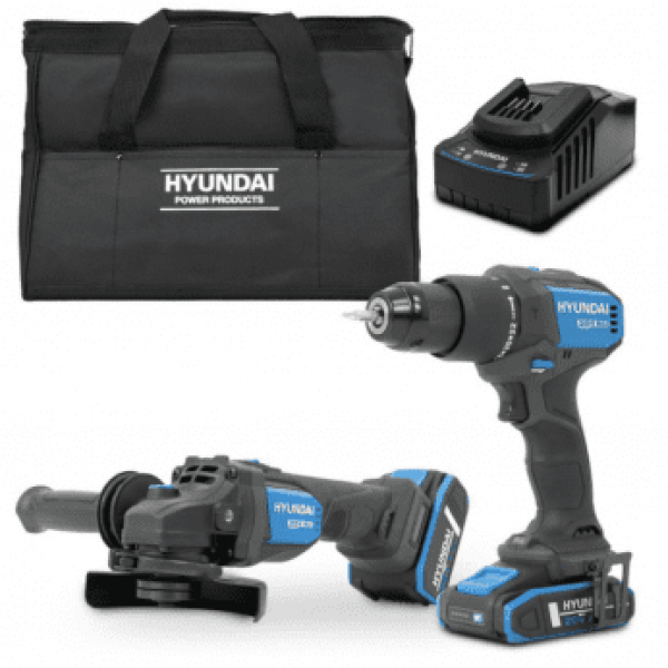 Hyundai 20V Cordless Hammer Drill 60Nm and Angle Grinder 115mm Brushless Kit, inc. 2.0Ah and 4.0Ah Li-ion Battery and 2A Charger | S02-FTB