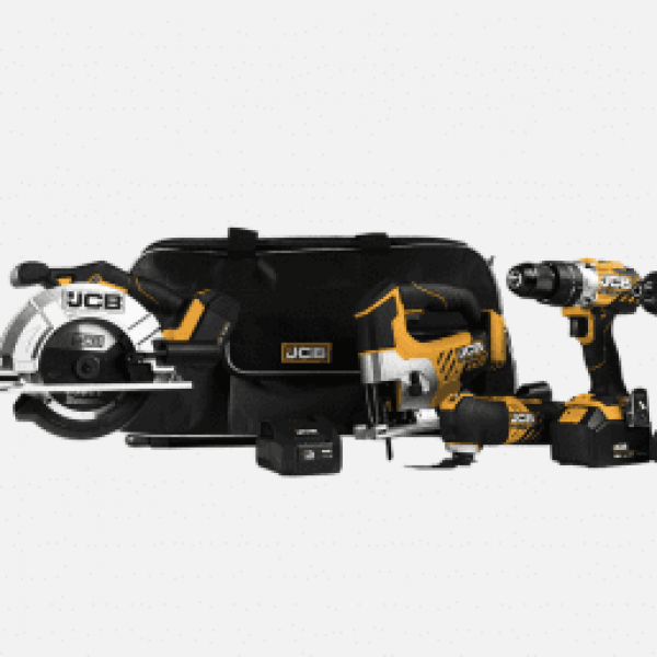 JCB 18V Cordless Power Tool Kit, Combi Drill, Impact Driver, Multi-tool, Jigsaw, 2 x 4.0Ah, 1x 2.0Ah Batteries, Charger & Bag | JCB-185PK-V1